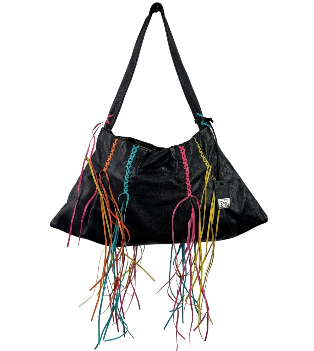 Vintage Y2k 90's Sharif Studio Handbag Black Braided Leather Fringe Hobo Bag